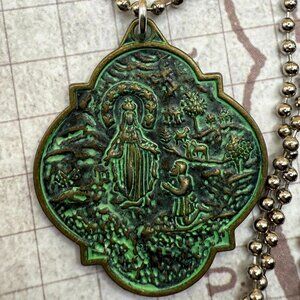 Our Lady of Lourdes Virgin Mary Religious Medal Pendant Necklace Brass Verdigris